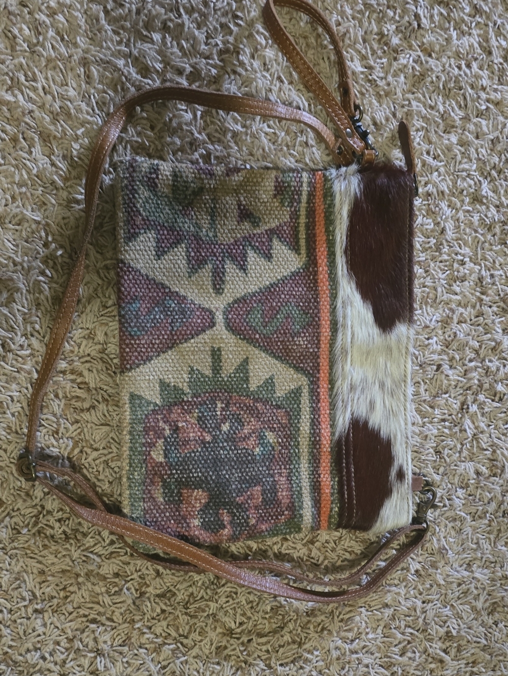 Myra Bag Brown Multicolor Woven Crossbody with Cowhide Accent